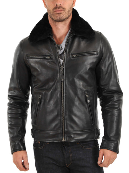 Noora Men’s black leather jacket with zippers and fur collar BS2 - Noora International