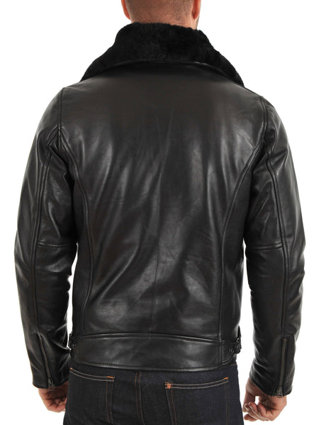 Noora Men’s black leather jacket with zippers and fur collar BS2 - Noora International