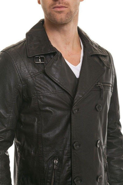 Noora Men's Black Notched collar leather jacket With Belted Designer Button With Zipper Pocket Biker Rider Jacket SU015 - Noora International