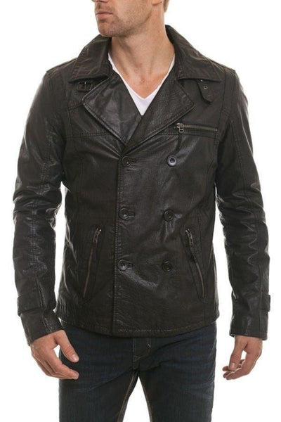 Noora Men's Black Notched collar leather jacket With Belted Designer Button With Zipper Pocket Biker Rider Jacket SU015 - Noora International