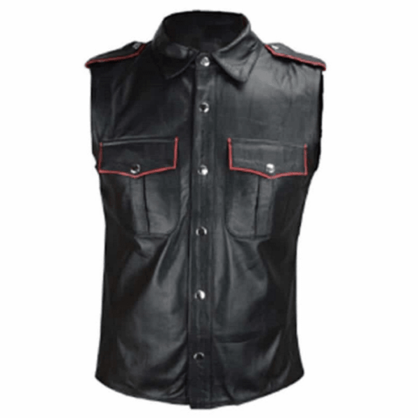 Noora Mens Black Sleeveless Red & Black Combination Leather Shirt | Black Biker Leather Shirt | Black Police Leather Shirt SU081 - Noora International