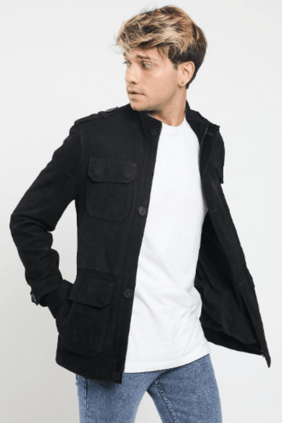 Noora Men's Black Style Suede Jacket With Button | Shirt Style Black Suede Jacket Lambskin Black Suede Jacket SU0412 - Noora International
