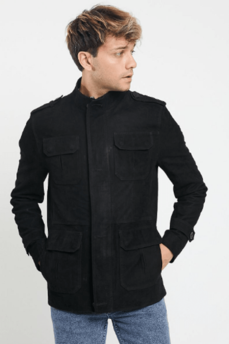 Men's Black Style Suede Jacket With Button, Shirt Style Black Suede Jacket Lambskin Black Suede