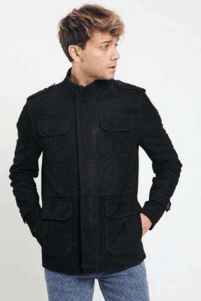 Noora Men's Black Style Suede Jacket With Button | Shirt Style Black Suede Jacket Lambskin Black Suede Jacket SU0412 - Noora International