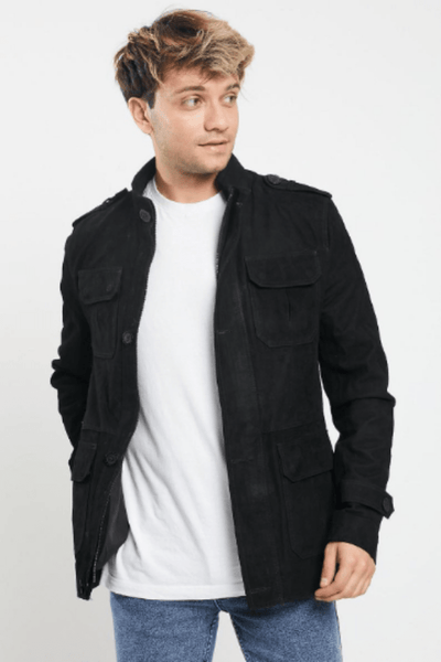 Noora Men's Black Style Suede Jacket With Button | Shirt Style Black Suede Jacket Lambskin Black Suede Jacket SU0412 - Noora International