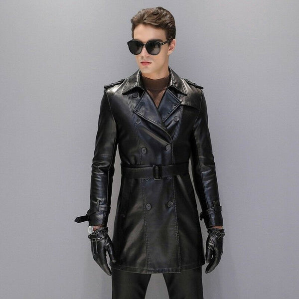 NOORA Mens BLACK Trench Coat Steampunk Shot Trench Coat Leather Coat Trench Coat Real LAMBSKIN Leather Long Coat-Hand Made Real Leather Sj - Noora International