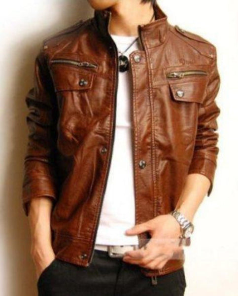 Noora Mens Brown Biker Rider Leather Jacket With Zipper Closure & Snap | Brown Café Racer Leather Jacket | SU0116 - Noora International
