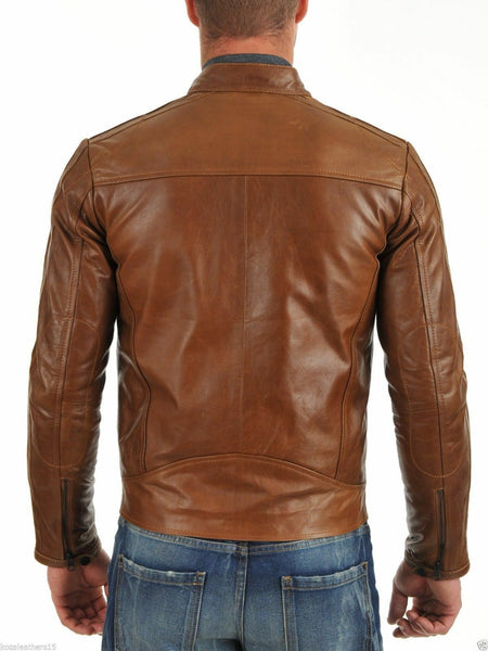 NOORA Mens Brown Leather Jacket ,Dark Brown Leather Jacket With Zipper & Pocket | Band Collar | Zip On Sleeves | ST0127 - Noora International