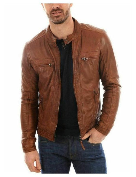 Noora mens Brown leather Motorcycle Biker jacket - Noora International