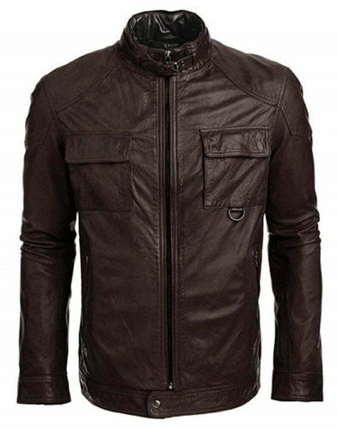NOORA Mens Brown Leather Quilted Safari Double Collar Zipped Long Jacket QD45 - Noora International