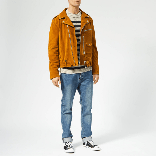 NOORA Men's Brown Tan Suede Vintage Biker Jacket With Zipper & Pocket | Belted Jacket | ST069 - Noora International