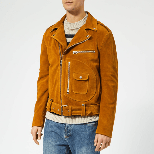 NOORA Men's Brown Tan Suede Vintage Biker Jacket With Zipper & Pocket | Belted Jacket | ST069 - Noora International
