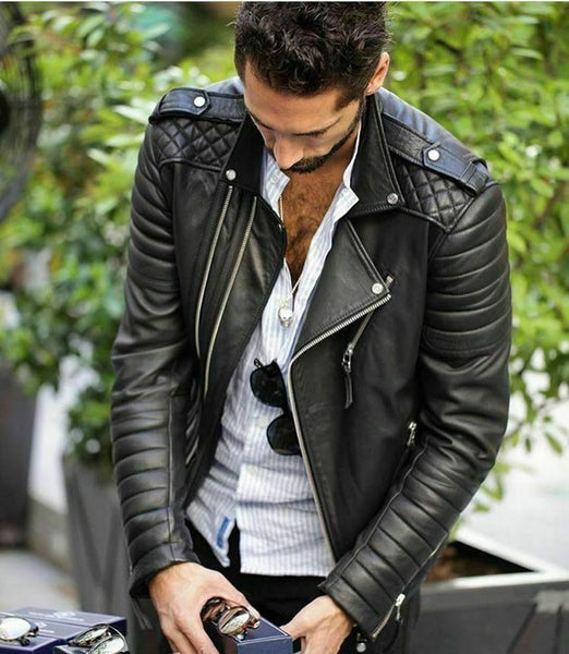 NOORA MENS CAFE RACER BLACK GENUINE LEATHER SLIM FIT REAL BIKER JACKET WA184 - Noora International