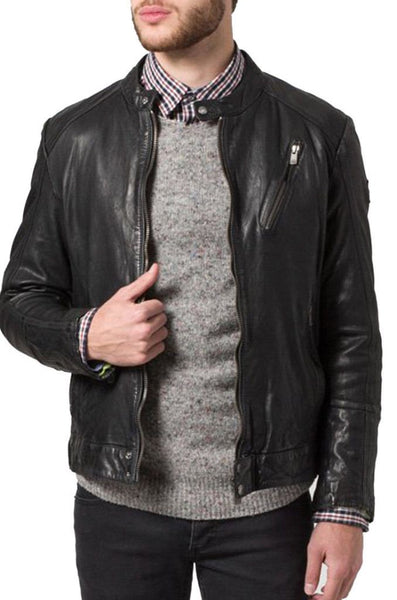 NOORA Mens Customize Black Leather Biker Jacket With Zipper & Zipped Pocket | Slim Fit Jacket | ST06 - Noora International