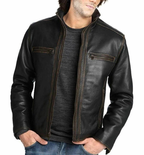 Noora Mens Customized Handcrafted Genuine Lambskin Vintage Leather Jacket Black Slim fit Motorcycle Biker Racer Retro style BS6 - Noora International
