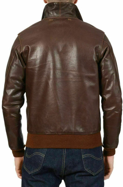 Noora Mens Dark Brown Bomber Leather Jacket | Dark Brown Aviator Leather Jacket With Zipper Closure | Brown Rib Leather Jacket SU0177 - Noora International