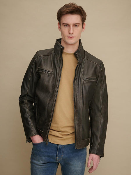 Noora Men's Dark Brown Lambskin Leather Biker Jacket, Designer café racer jacket With Zipper & Pockets SU05 - Noora International