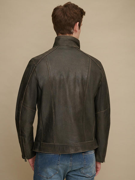Noora Men's Dark Brown Lambskin Leather Biker Jacket, Designer café racer jacket With Zipper & Pockets SU05 - Noora International