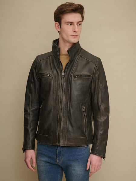 Noora Men's Dark Brown Lambskin Leather Biker Jacket, Designer café racer jacket With Zipper & Pockets SU05 - Noora International