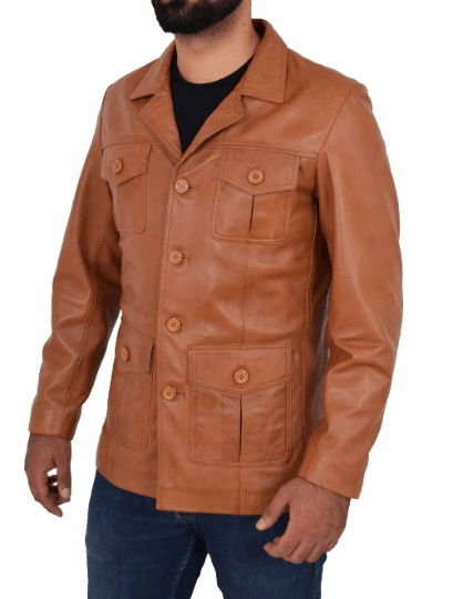 NOORA Mens Distress TAN Vintage Coat Jacket Genuine Lambskin Leather Jacket With Button Closure YK33 - Noora International