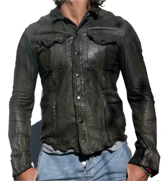 Noora Mens Gents Black Adjustable Collar Casual Shirt Soft Leather Shirt Jacket - Noora International