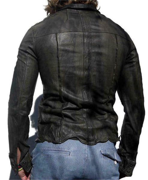 Noora Mens Gents Black Adjustable Collar Casual Shirt Soft Leather Shirt Jacket - Noora International