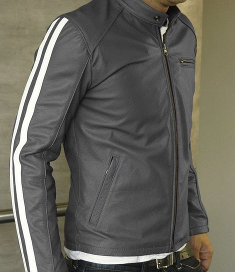 Men’s Grey Lambskin Leather Jacket with White Stripes, Stylish Outwear Jacket, Clubbing & Partywear