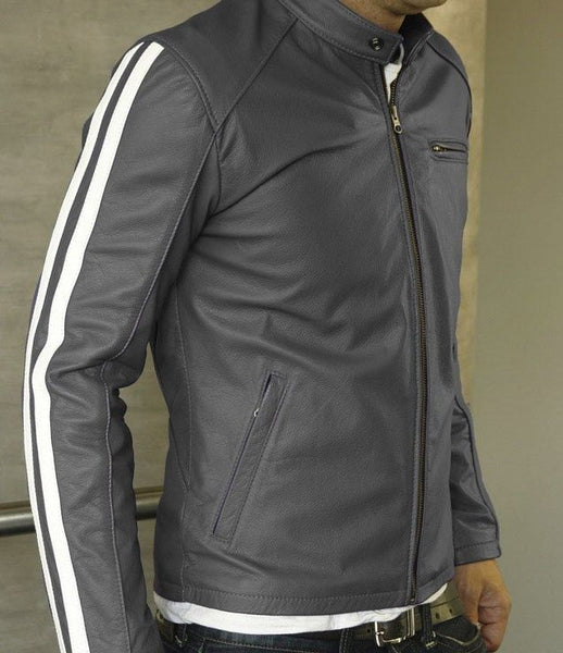 Noora Men’s Grey Lambskin Leather Jacket with White Stripes| Stylish Outwear Jacket| Clubbing & Partywear Jacket. - Noora International