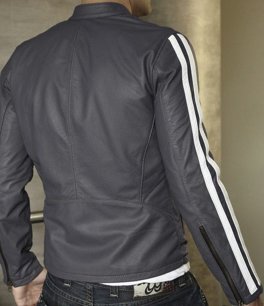 Noora Men’s Grey Lambskin Leather Jacket with White Stripes| Stylish Outwear Jacket| Clubbing & Partywear Jacket. - Noora International