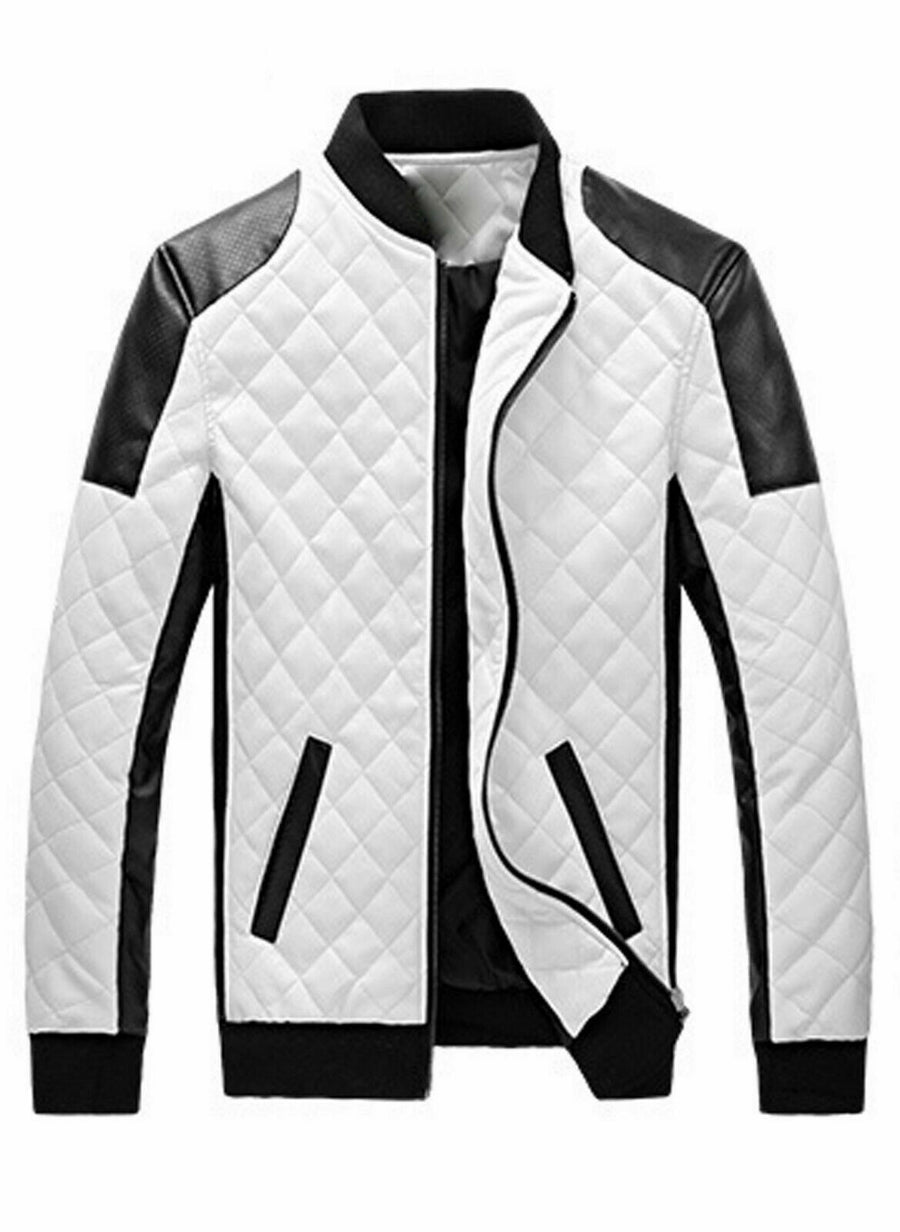 Mens Colour Block Quilted Biker Jacket, Bomber Jacket With Zipper & Pocket