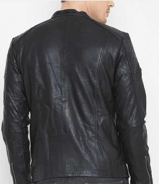 NOORA Mens Handmade Lambskin Black Leather Quilted Biker Jacket With Zipper & Pocket | One Side Zipper | Band Collar | ST0181 - Noora International