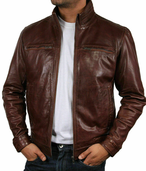 NOORA Mens Handmade Lambskin Brown Leather Biker jacket With Zipper & Pocket | Band Collar | ST0130 - Noora International