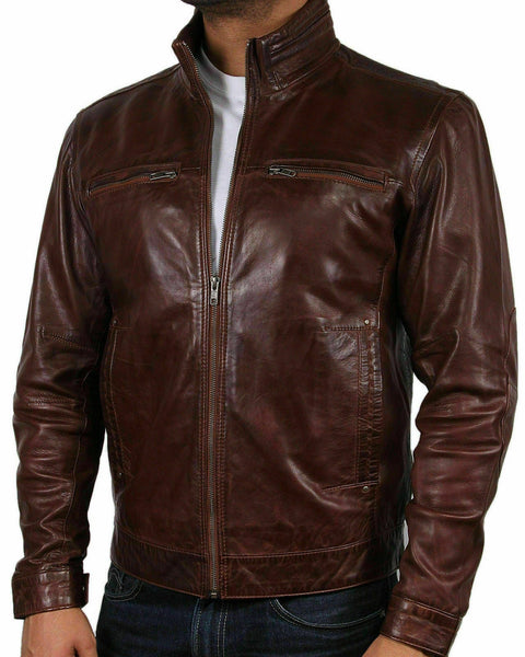 NOORA Mens Handmade Lambskin Brown Leather Biker jacket With Zipper & Pocket | Band Collar | ST0130 - Noora International