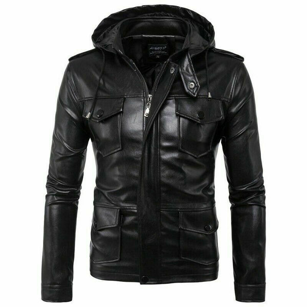 Noora Mens Hooded Leather Jacket Black Fitted Stylish Sports Real Black Color Leather Jacket WA530 - Noora International
