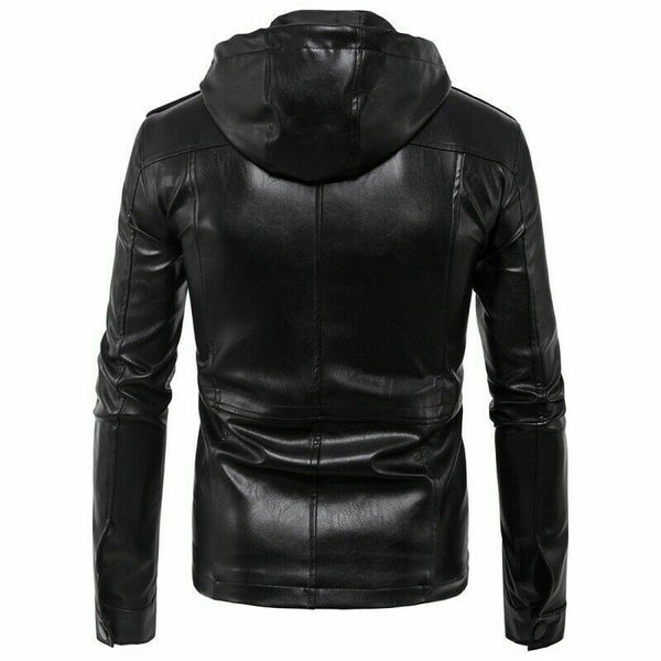 Noora Mens Hooded Leather Jacket Black Fitted Stylish Sports Real Black Color Leather Jacket WA530 - Noora International