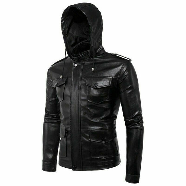 Noora Mens Hooded Leather Jacket Black Fitted Stylish Sports Real Black Color Leather Jacket WA530 - Noora International
