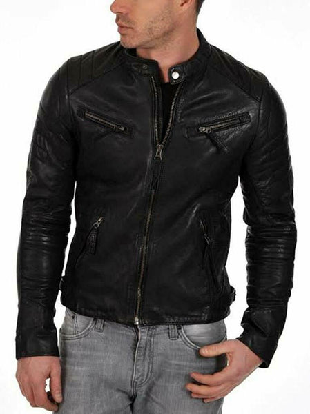 NOORA MENS Lambskin BIKER CAFE RACER REAL LEATHER SLIM FIT JACKET NI-42 - Noora International