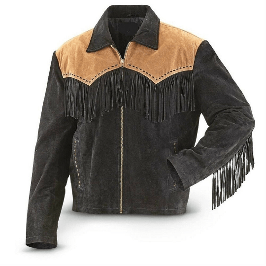 Noora Mens Lambskin Black & Brown Combination Fringe Suede Jacket With YKK Zipper | Western Cowboy Suede Leather Jacket SU076 - Noora International