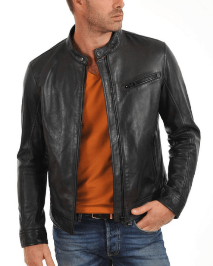 NOORA Mens Lambskin Black Leather Biker Jacket With Zipper & Pocket | Band Collar | ST067 - Noora International