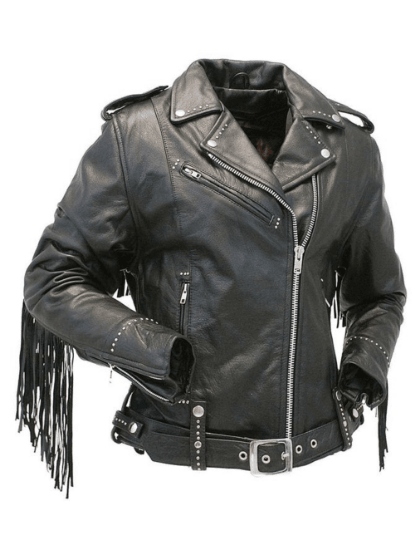 NOORA Mens Lambskin Black Leather Fringe Biker Jacket With Zipper & Zipped Pocket | Studded Jacket | Belted Jacket - Noora International