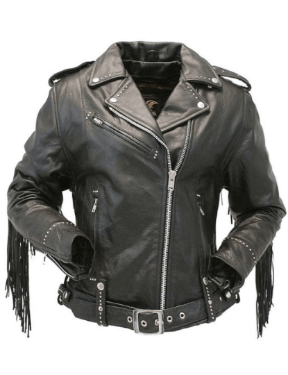 NOORA Mens Lambskin Black Leather Fringe Biker Jacket With Zipper & Zipped Pocket | Studded Jacket | Belted Jacket - Noora International