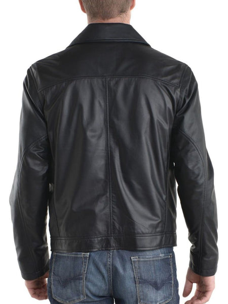 Noora Mens Lambskin Black Motorcycle Leather Jacket With Zipper & Zipped Pocket | Collered Jacket | - Noora International