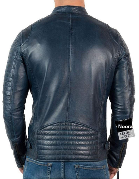 NOORA Mens Lambskin Blue jacket Vintage Leather Biker Motorcycle Jacket Fridge retro leather jacket SJ153 - Noora International