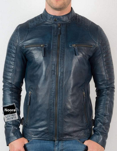 NOORA Mens Lambskin Blue jacket Vintage Leather Biker Motorcycle Jacket Fridge retro leather jacket SJ153 - Noora International