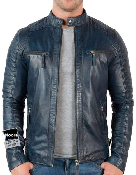 NOORA Mens Lambskin Blue jacket Vintage Leather Biker Motorcycle Jacket Fridge retro leather jacket SJ153 - Noora International