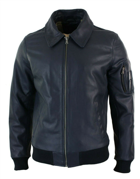 NOORA Mens Lambskin Blue Leather Biker Jacket With Zipper | Pocket On Sleeves | Bomber Jacket | ST0119 - Noora International