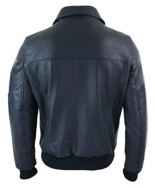 NOORA Mens Lambskin Blue Leather Biker Jacket With Zipper | Pocket On Sleeves | Bomber Jacket | ST0119 - Noora International