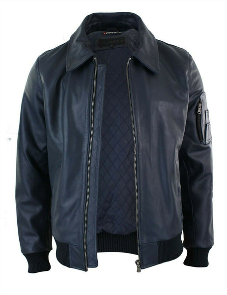 NOORA Mens Lambskin Blue Leather Biker Jacket With Zipper | Pocket On Sleeves | Bomber Jacket | ST0119 - Noora International