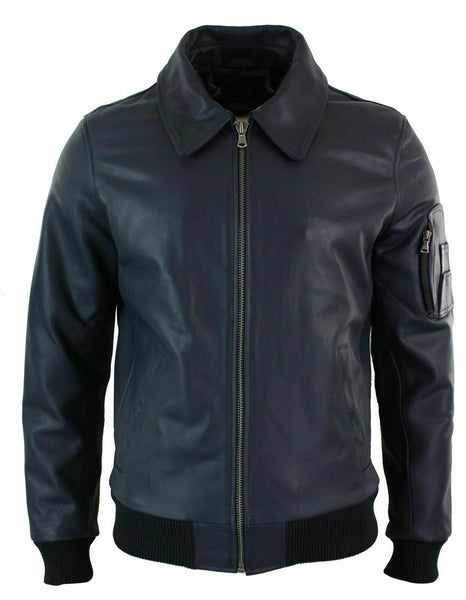 NOORA Mens Lambskin Blue Leather Biker Jacket With Zipper | Pocket On Sleeves | Bomber Jacket | ST0119 - Noora International