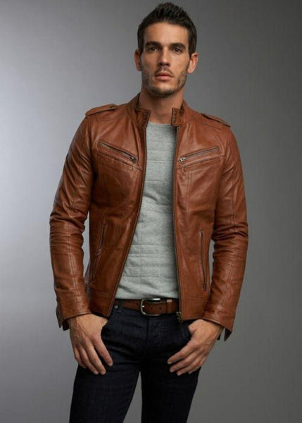 Noora Mens Lambskin Brown Leather Jacket | Stylish Motorcycle Jacket With Multi Zipper Pocket | Western Designer - Noora International